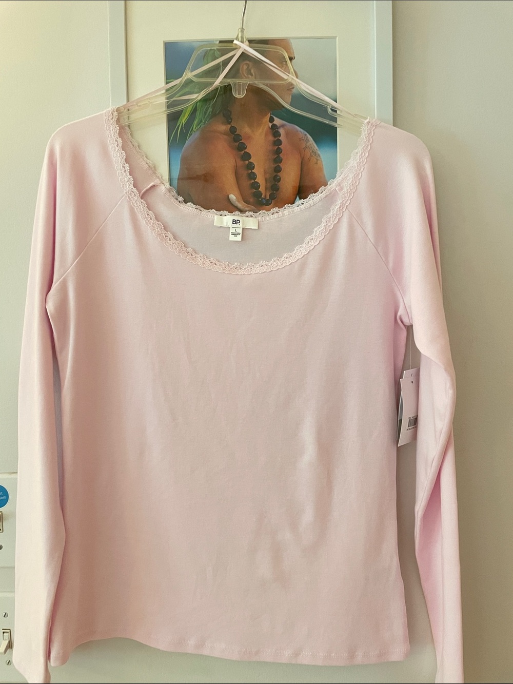 bp Pale Pink Lace-Trim Long Sleeve Tee